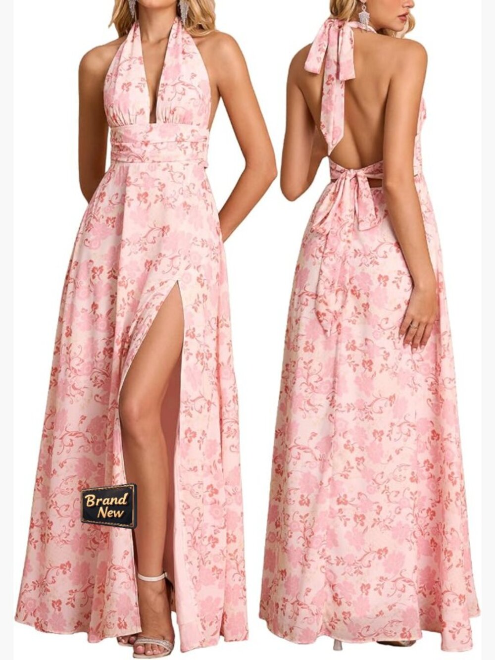 Flowy Chiffon Halter Maxi Dress with Slit & Open Back for Wedding Guest